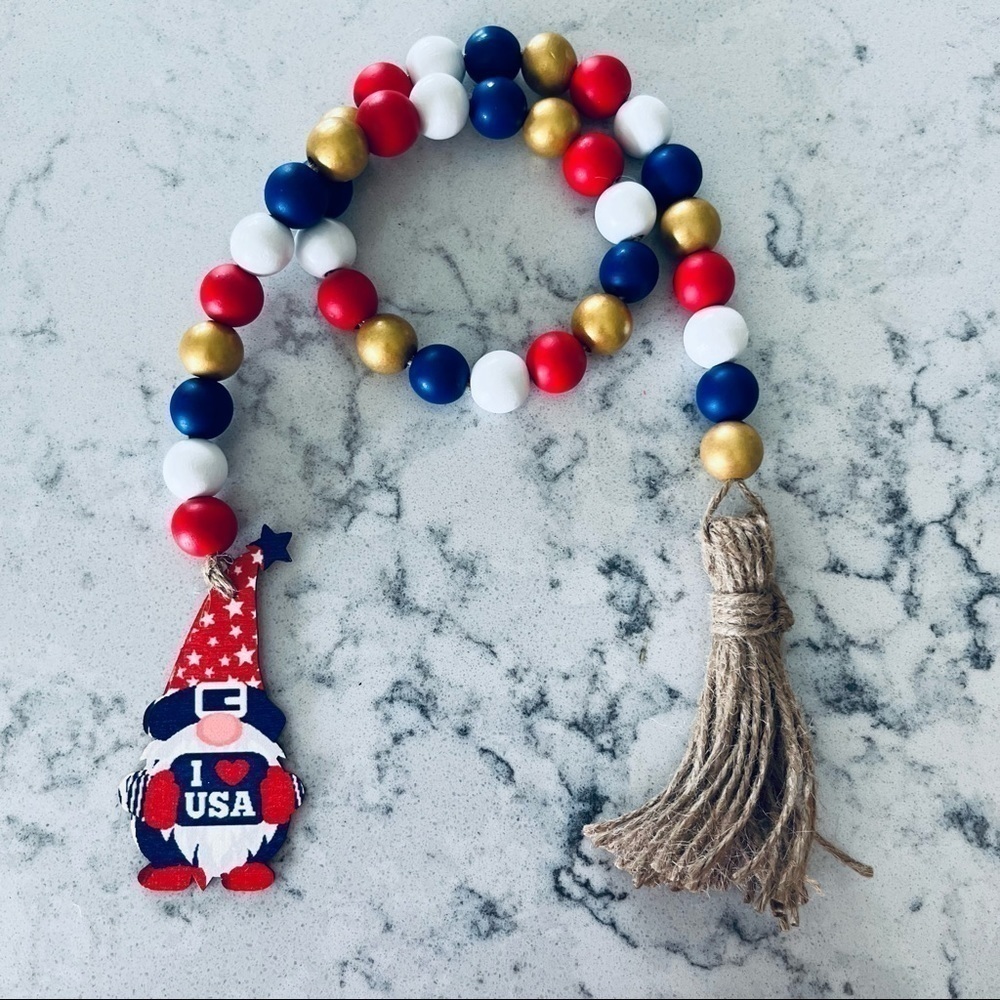 Patriotic Gnome Wood Bead Garland I Heart USA Red White and Blue Decor